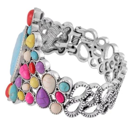 Cameo and Multi Color Howlite Silver Bangle 7”Bracelet 26.00 ctw New - Picture 3 of 5